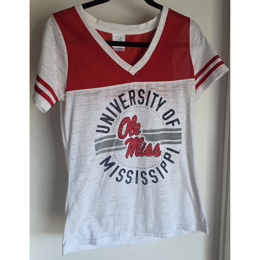 Creative Apparel Concepts Womens T-Shirt Size L V-Neck Ole Miss White Red Casual